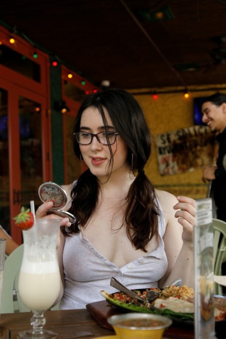 Nerdy Mexican babe Ophelia Palantine flashes her tits & strips in public