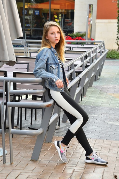 Stunning teen Macy flashes her natural tits while posing in public